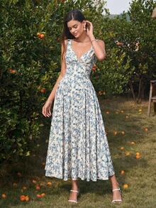 PARTHEA Elegant Women's Long A-Line Dress With V-Neck And Ruched Backless Smocking Bust Shirred Flared Hem Non-Stretch Fabric For Casual Style - Blue and White - View 6