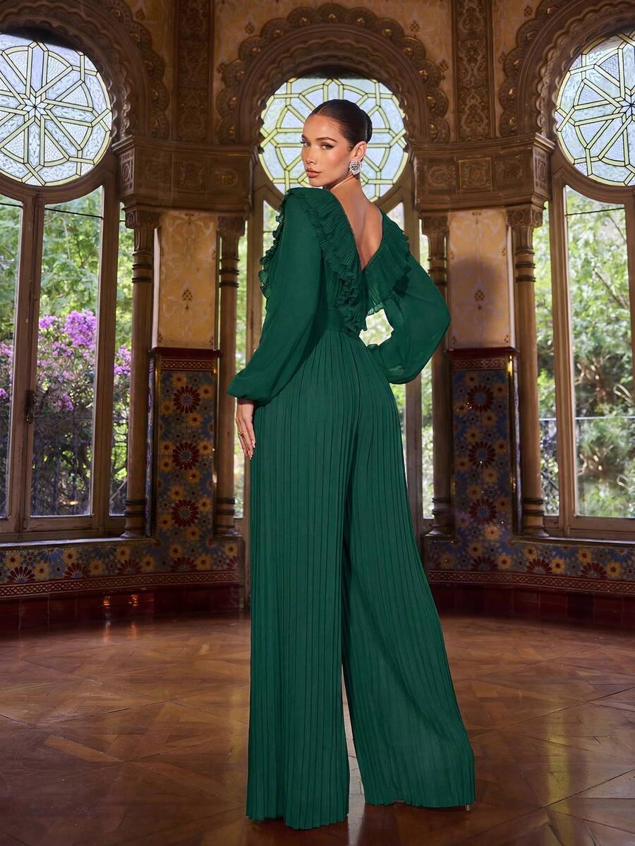 Faeriesty Elegant långärmad, lyktaärmad, djup V-ringad, golvlång jumpsuit - volangkrage, avtagbar midja och skräddarsydda veckade byxor | Lämplig för högtidsfester, nyårsafton, formella galor, formella evenemang och bröllop - Mörk Grön - Visa 1