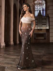QOQ Luxurious Women Hot Drill Rhinestone Formal Dress Shine Diamond Evening Gown For Award Ceremony, Dinner, Birthday Party, Galas Dresses - Coffee Brown - View 5
