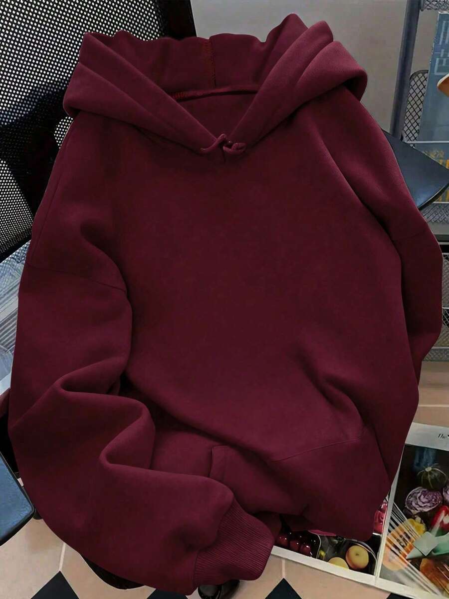 Áo nỉ chui đầu có mũ màu trơn, áo hoodie nữ dễ thương phong cách Y2K, trang phục mùa thu cho nữ đi học, áo hoodie tay dài vai rớt, thời trang mùa thu mới 2025 cho nữ, trang phục mùa đông cho nữ - Màu Đỏ Sâu - Xem 1