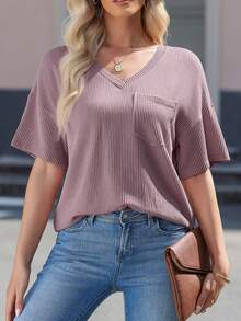 CILKOO 女士宽松扭结口袋V领休闲短袖T恤，春夏款 - 淡紫色 - 查看 6