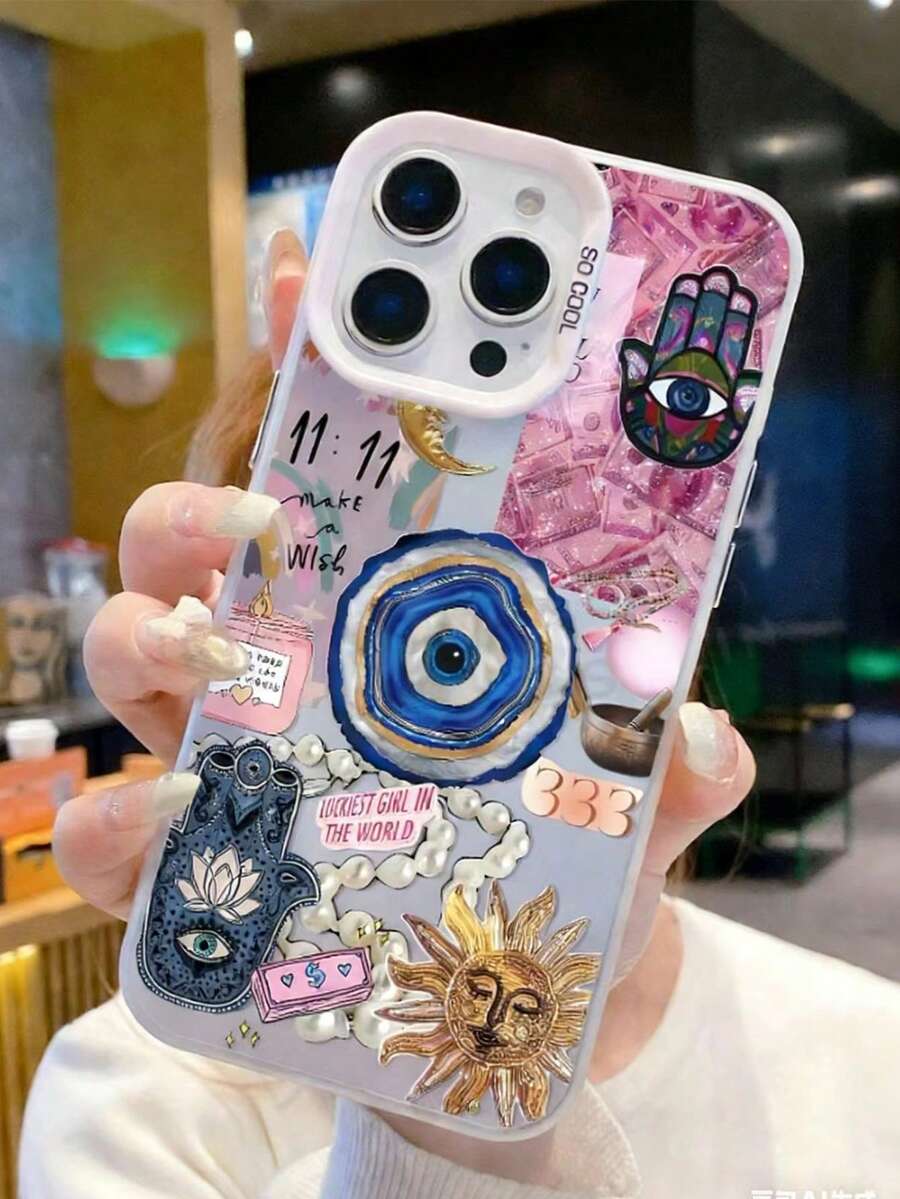 1件装时尚恶魔眼拼贴图案设计白色金属银色IMD防指纹手机壳，兼容 16 Pro Max/16/16 Pro/16 Plus/11/15/15 Pro/15 Pro Max/12/13/14 Pro Max/XS/XR/11 Pro/11 Pro Max/12 Pro/12 Pro Max/13 Pro/13 Pro Max/7 Plus/14 Pro/14 Pro Max/14 Plus/7 Plus/8 Plus/8，软壳，防黄变 - 彩色 - 查看 1