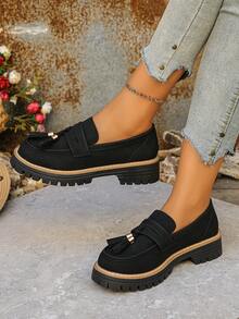 新款女士厚底乐福鞋，时尚百搭，真皮鞋面，圆头套脚鞋，黑色，适合春秋季穿着。 - 黑色 - 查看 3