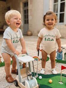 Mono de verano para bebés varones, manga corta, cuello redondo, bordado de golf, mono sencillo, ropa de uso diario informal, ideal para 0 a 12 meses - Albaricoque - Ver 4