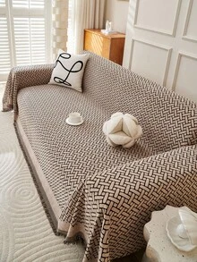 1pc Solid Color Sofa Towel Cover, Chenille Tasseled Sofa Slipcover Suitable For Living Room, Bedroom, Office, Home Decor, For 1/2/3/4 Seater Sofas - Coffee Brown - View 4