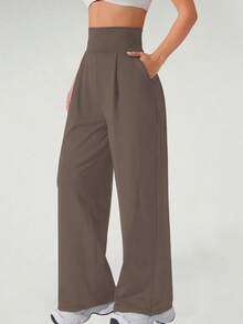 Women's High Waist Sports Pants - Loose Wide Leg Yoga Pants With Pockets, Fashionable Solid Color Casual Sports Wide Legs Pants, Wide Leg High Waist Casual Pants, Spring And Autumn Daily Casual - Cà phê nâu - Xem 8