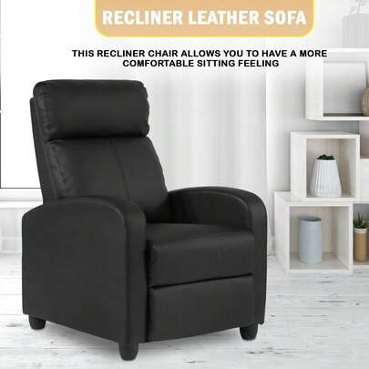 Recliner Chair , Accent Chair,No Massage Function ,Leather Black ,With Lumbar Support, Adjustable Push Back, Wide Armrests, Footrest & Padded Seat ,Easy Assembly , For Living Room, Home Theatre