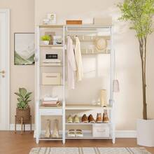 Hzuaneri Coat Rack With Shoe Bench, Wardrobe With Shoe Bench, 1 Drawer, Clothes Rack With 17 Hooks, 1 Hanging Rail, 4-Tier Side Frame, 120 X 40 X 182 Cm - White Oak Color - View 5