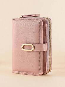Stylish Zipper Wallet Clutch Pouch With Gold Strap Folding Short Design Simple  Elegant Lichee Textured Leather Gifts Valentines Women Wallet Purse Wallet - 粉色 - 查看 2