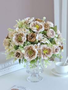 1支/3支粉色人造绣球花假牡丹丝绸花玫瑰花束，适用于家居婚礼新娘捧花装饰，假玫瑰花束丝绸雏菊蒲公英散装，适用于婚礼家居派对装饰餐桌摆件 - 咖啡色 - 查看 5