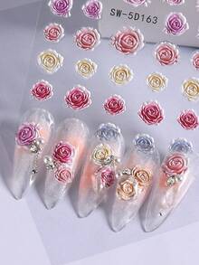 2片装浮雕玫瑰美甲贴纸，棕色、粉色、白色、蓝色、红色玫瑰花美甲贴花，5D自粘美甲装饰，美甲用品，适合女性、女孩，情人节、婚礼设计美甲 - 彩色 - 查看 9