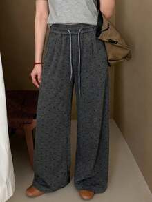 女士休闲波点抽绳腰宽松裤，适合日常穿着和居家休闲 - 黑灰色 - 查看 1