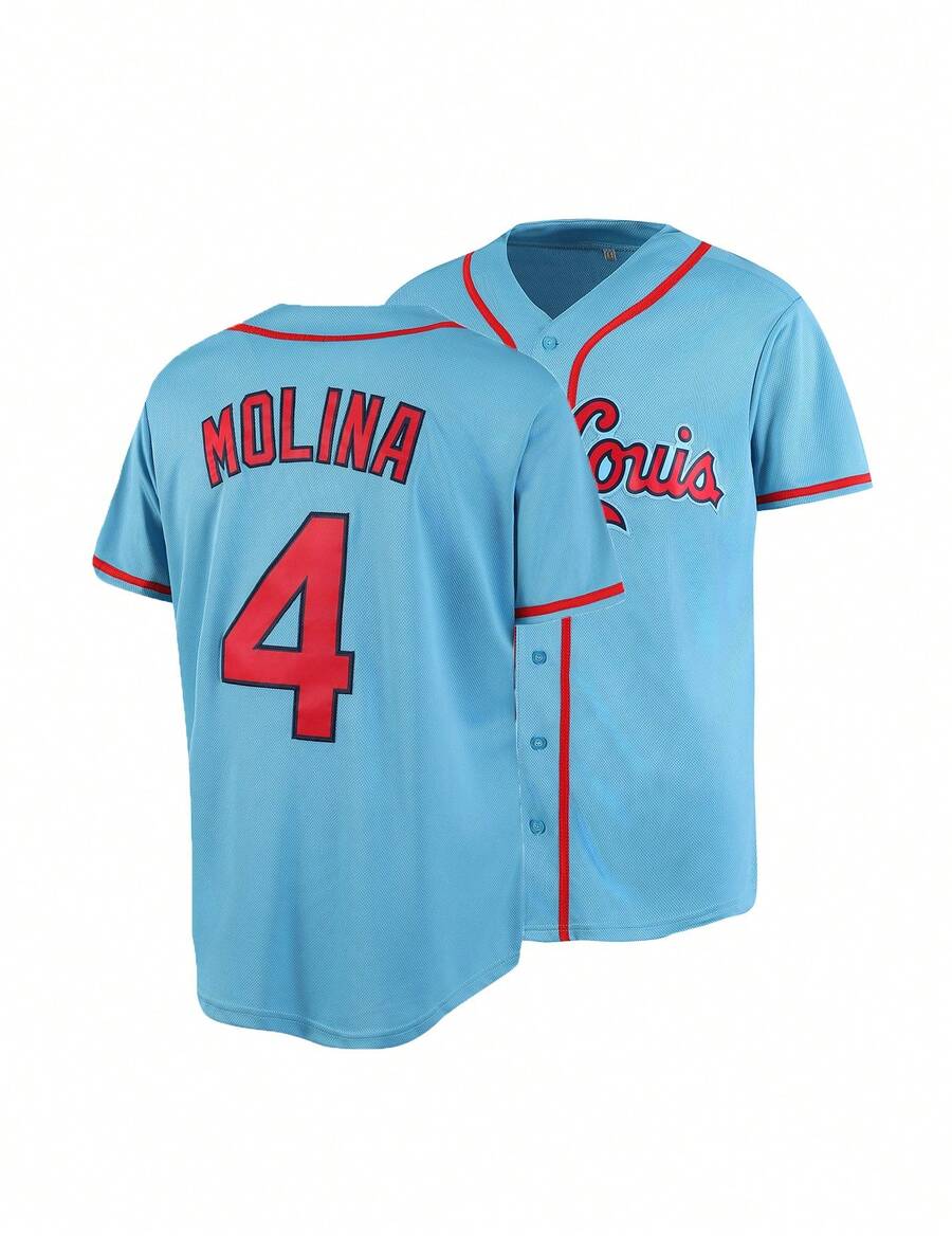 Boyfriend Style Men's 4 Blue Baseball Jersey Casual Short Sleeved Embroidered And Stitching V-Neck Button T-Shirt Party Sports Top - Màu xanh lam - Xem 1