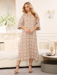 2026 New Style Elegant Embroidered Gold Beaded Arabic Dress, Ramadan Traditional Jalabia Dress With Round Neck & Mid-Sleeves - Beige - View 6