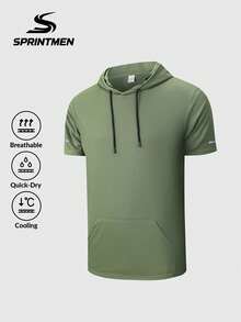男士速干透气连帽短袖T恤，休闲运动风，男友风修身健身T恤，可机洗，适合户外、跑步、健身房训练 - 軍綠色 - 查看 5