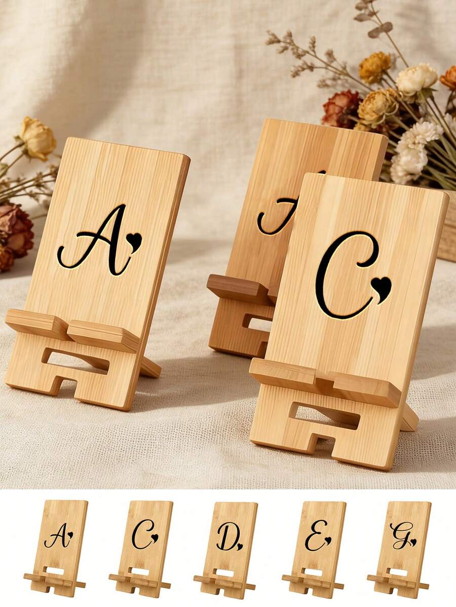 Adjustable Wooden A-Z Letter Floral Pattern Detachable DIY Foldable Slouchy Desk Phone Holder, Extendable Space-Saving, Suitable For Travel And Home Use Essential Phone Stand Valentine's Day Gift - Multicolor - View 1