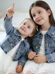 New Asymmetrical Heart Embroidered Cute Casual Denim Jacket For Baby Girls - Blue - View 2
