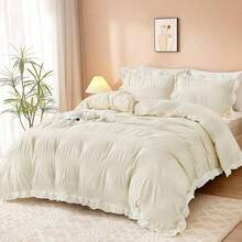 Cream White Seersucker Duvet Cover Set Double Size Ruffled Trim 3pcs Microfiber Bedding Set - Wrinkle-Resistant And Lightweight Design With Hidden Zipper Double 200x200cm - CreamWhite - View 3