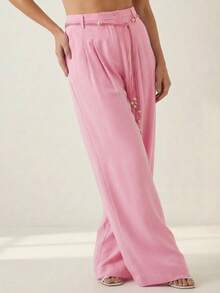 A&DD MODA, REF: AS1946 - Women's High-Waisted, Straight-Cut, Wide-Leg Trousers With A Belt That Perfectly Conceals Leg Imperfections, Featuring Pockets And Ideal For Everyday Wear. - 淺粉色 - 查看 5