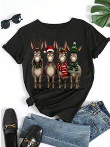 Tricou femei cu imprimeu animal print Crăciun măgar grafic tricou casual cu guler rotund mânecă scurtă drăguț petrecere de vacanță purtare zilnică top