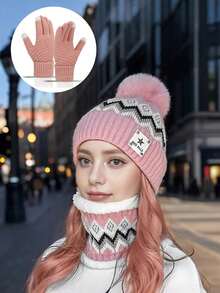 3-delars set: Stickad mössa med bokstavsmönster, fleecehalsduk och helfingervantar, varm vindtät stickad vintermössa för unisex, tjock fuzzyhalsduk och jacquardvantar, lämplig som julklappar - Multifärgad - Visa 4