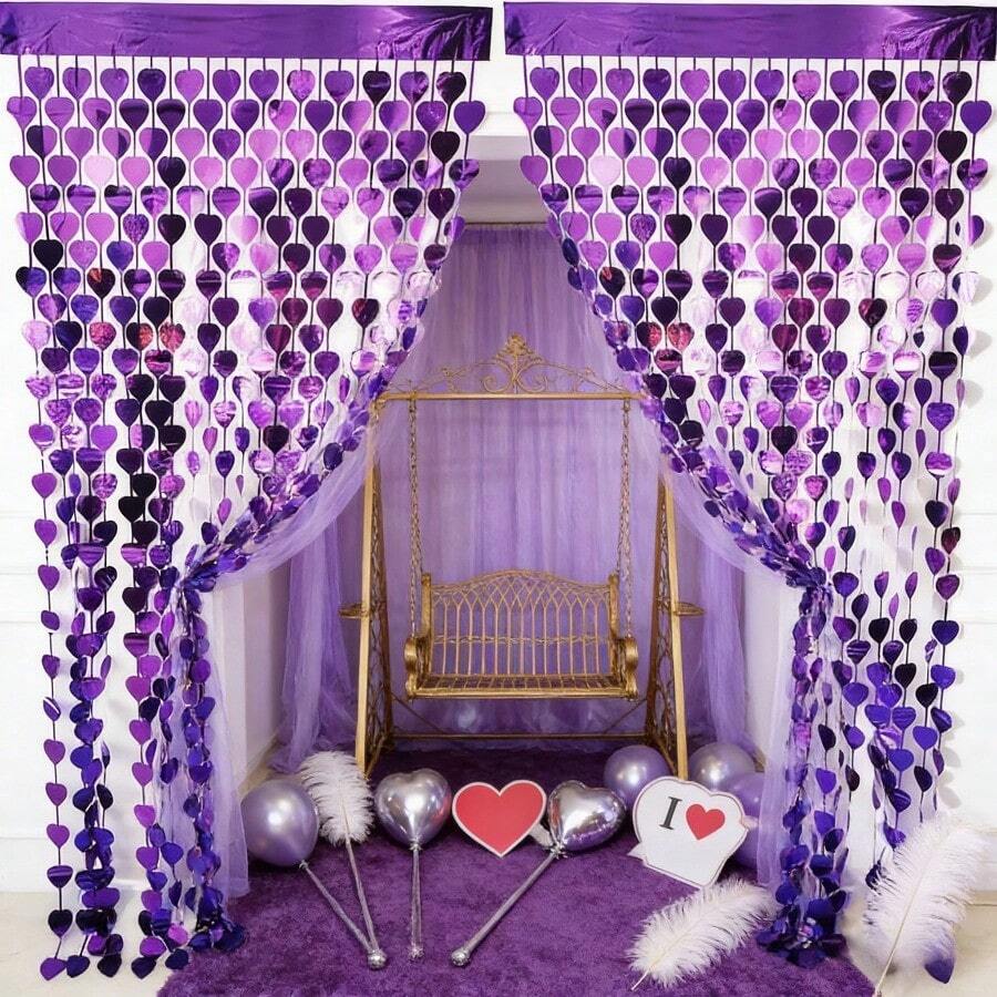 10-Piece Set 3.2 Ft * 6.6 Ft Valentine's Day Metallic Foil Tassel Backdrop, Red/Purple Heart-Shaped Wire Tassel Strips, Photography Prop Backdrop Fabric, Engagement Wedding Party Decorations - Màu tím - Xem 1