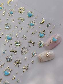 金色图腾和蓝色爱心美甲贴纸，极光全息星月蝴蝶5D自粘美甲水钻贴纸，DIY美甲装饰贴纸 - 彩色 - 查看 2