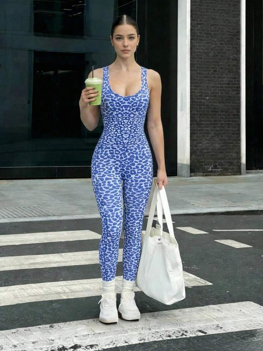 1pc Seamless Women Leopard Print Yoga Jumpsuit With Removable Padded Bra, High Elasticity Butt Lifting And Tummy Control Design - Blue - View 1