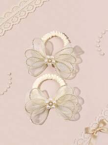 2个米色网纱发圈，女童珍珠水钻装饰发圈，亮面弹力发带，优雅发圈，派对日常节日马尾辫发圈，青少年发饰 - 米色 - 查看 11