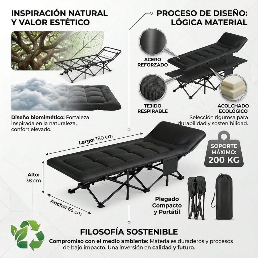 Cama Plegable Portátil para Adultos - Cama de Camping Ultraligera y Compacta, Tela Negra Resistente, Ideal para Playa, Senderismo, Picnic y Aventuras de Viaje - Gris - Ver 1