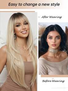 28 Inch Long Ombre Golden Wig With Bangs, Made Of Natural Synthetic Fiber, Heat Resistant Long Wig For Cosplay, Suitable For Women's Daily, Party, Cosplay And Other Occasions - Gold - View 2