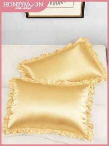1对装高级缎面蕾丝信封式枕套，2件/套，柔软透气，不易起皱，呵护秀发和肌肤，助您拥有更佳睡眠，枕套不含填充物，可机洗，通过Oeko-Tex金级认证 - 金色 - 查看 2