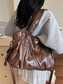 1 chiếc túi tote nữ kiểu vintage, túi xách tay tối giản dung tích lớn, túi đeo vai thời trang dành cho sinh viên/công sở. - màu nâu - Xem 8