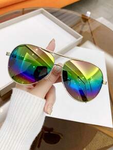 1 Pair Women's Metal Oval Frame Retro Double Bridge Fashion Aviator Fashion Glasses, Suitable For Vacation & Beach, Women Glasses - Five Colors - View 5