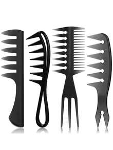 4pcs/Set Hair Styling Brush Set, Wide Tooth Comb, Double-Sided Tail Comb, Barber Tools, Unisex, Beard Stylist Tools, African American Accessories, Black, 4 Styles - Multicolor - View 2