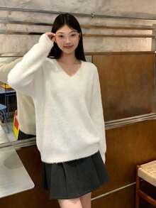 Women's Solid Color Fluffy Loose Soft Knit Sweater, Autumn/Winter - White - View 4