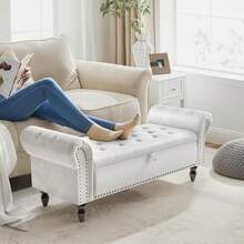 Ottoman Storage Bench,Sofa Bench,Foot Rest Stool,Velvet End Of Bed Bench,Storage Box With Lid, Entryway Bench,168 KG Load Capacity - White - View 6