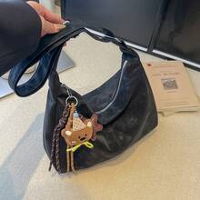 纯色PU皮革简约复古百搭女士手提包，大容量，女士旅行必备手提包 - 黑色 - 查看 6