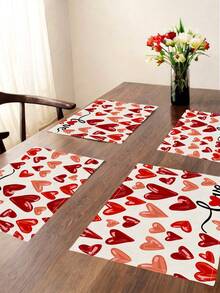 4 piezas Manteles individuales con estilo de granja, resistentes al calor, con diseño de rayas y corazones rojos en acuarela, adecuados para mesas redondas de patio, fiestas, cocinas, comedores, reuniones de té de la tarde