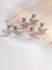 一套（+十字锆石+右翼）低过敏性钛钢天使翅膀耳钉，镶嵌微镶锆石，时尚男女通用耳骨耳钉，适合日常佩戴 - 十字架翅膀耳骨釘 - 查看 11