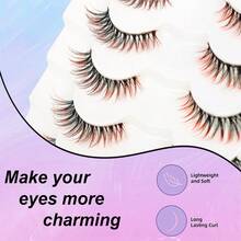 全套混色假睫毛，7对3-14毫米仿貂毛假睫毛，自然色、黑红色，适用于化妆的条状假睫毛