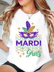 Mardi Gras Festival Celebration Shirt With Feather Design And Sparkle Text For Carnival Party Wear, It Is A Perfect Gift To Give To Friends And Family On Any Holiday Or Festive Occasion, 220g - White - View 2