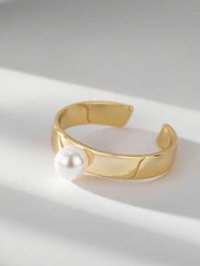 Charm-In 女士镀金立方氧化锆仿珍珠戒指（仿珍珠装饰开口戒指/几何开口戒指/宽边光滑开口戒指可选） - 时尚饰品，适合日常佩戴、约会、通勤，是送给女性的绝佳礼物