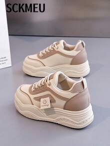 SCKMEU. 1 Pair 2026 New Fashionable Thick-Soled Lightweight & Comfortable/Classic Colorblock Design Casual Sneakers For Women - Khaki - View 2