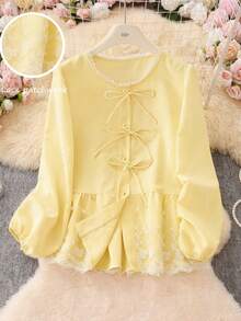 女士甜美蝴蝶结圆领七分袖高腰刺绣拼接上衣，夏季上衣 - 淡黃色 - 查看 2