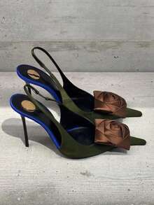 Gorgeous Pointed Toe Stiletto High Heel Shoes, Women's 2026 Spring New Backless Floral Sandals, Sexy & Elegant - Olive Green - View 3