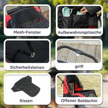 PawHut Hundewagen Hundebuggy klappbar für große Hunde & Katzen bis 30 kg Katzenbuggy mit Kissen Netzfenstern Türen Aufbewahrungstasche Katzenwagen mit Sicherheitsleinen, Bremsen, Buggy - Schwarz - Übersicht 7