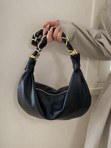 1pc Women's Fashion Black PU Casual Hobo Bag, Minimalist Vintage Chain Shoulder Bag, Large Capacity Zipper Closure Crescent Bag, Suitable For Daily Use, Shopping, Commuting, Gift, Wedding - Black - View 4