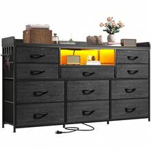 EnHomee Dresser For Bedroom With 11 Drawers 60" TV Stand With LED Lights & Charging Station Long Dresser With Shelves & 4 Hooks,Sturdy Metal Frame & Fabric Drawers,Black,11.8"D X 47.2"W X 31.5"H - 黑色 - 查看 8