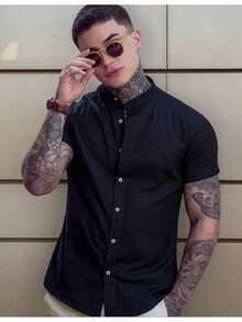 K027 Men's Linen Dress Shirt With Mandarin Collar - màu đen - Xem 2